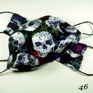 2 SKULL FACE MASKS HANDMADE HALLOWEEN 100% COTTON PLEATED REVERSIBLE CANDY CORN